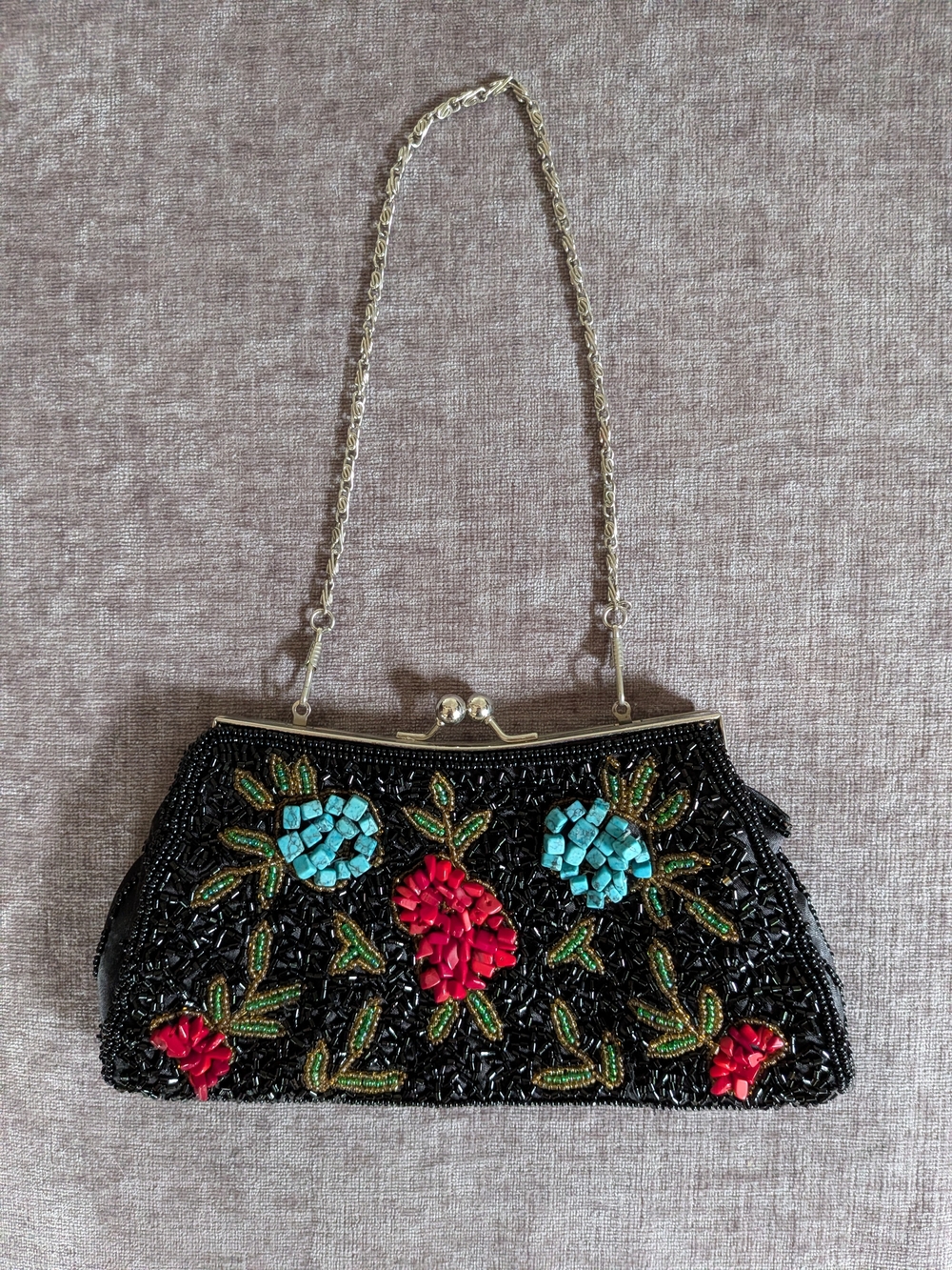 Bijoux Terner Black Beaded Clutch with Red & Turquoise Floral Accents